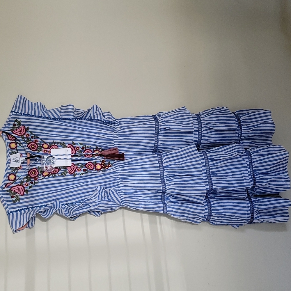 Stripe ruffled Neck Embrodiery Coastal Cowgirl Dress SZ S NEW